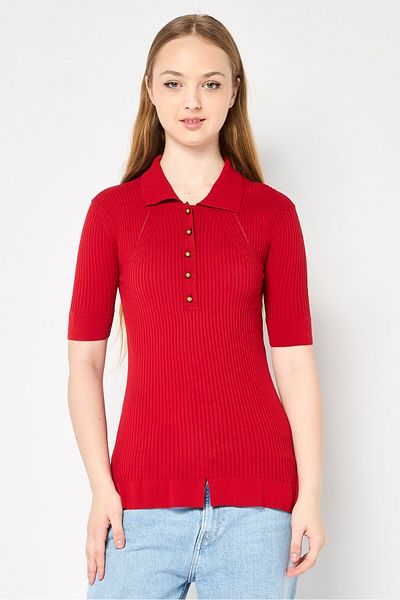 Stella McCartney Women Spread Collar Short Sleeve Solid Top, Red