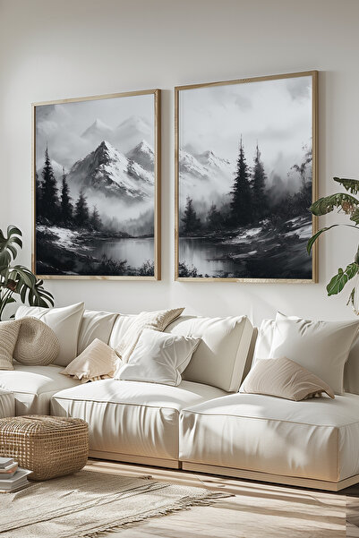 STARYUNA Set de picturi duble cu efect de pictură în ulei, cu vedere la munte alb-negru, cu rame din lemn, pictură pentru sufragerie Yuna330