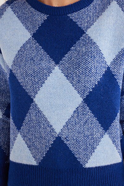 Tudors Kadın Slim Fit Dar Kesim Bisiklet Yaka Desenli Mavi Kazak