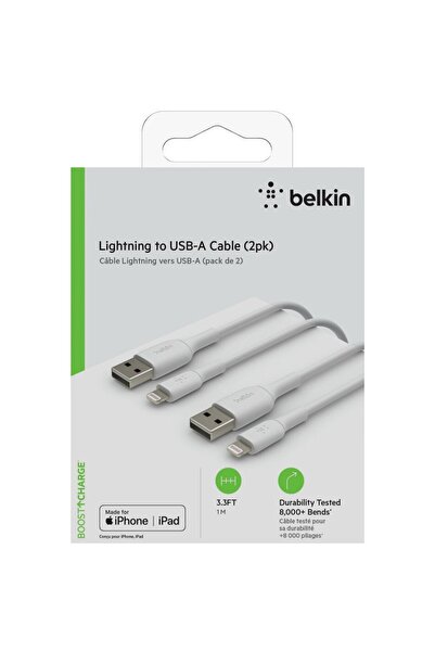 Belkin BOOST CHARGE USB-A to Lightning Cable, PVC, 1M (Pack of 2), White