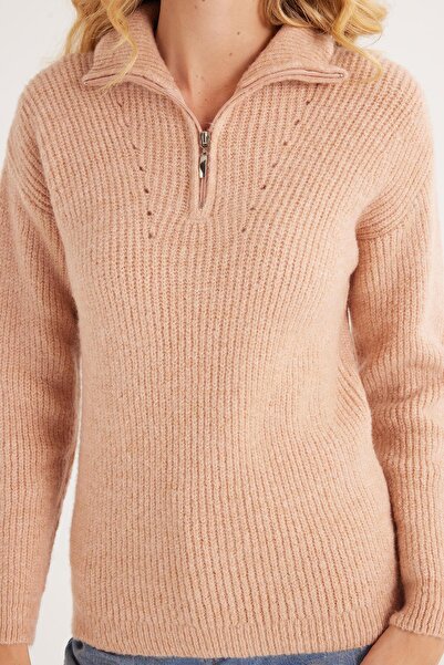 Tudors Women's Oversize Wide Cut Woven Zipper Collar Powder Sweater