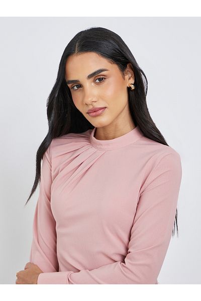 Styli Women Pink Mock Neck Pleat-Front Blouse