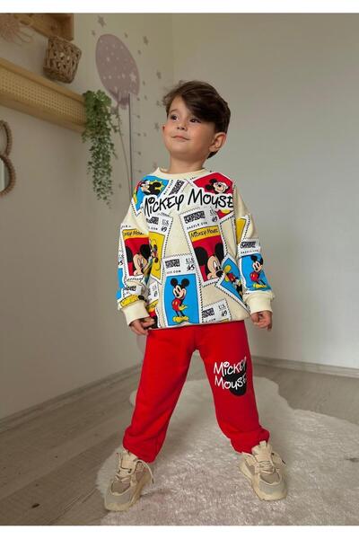 shop Erkek Çocuk Mickey Baskılı Beli Lastikli ve Bağcıklı Mevsimlik Pamuklu Kumaş Kırmızı Eşofman Takımı
