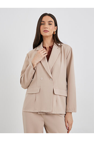 Styli Women Beige Solid Casual Blazer and Pants Co-Ods