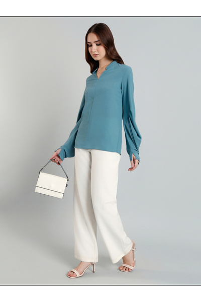 Mish By Styli Solid Balloon Sleeve Mandarin Collar Blouse