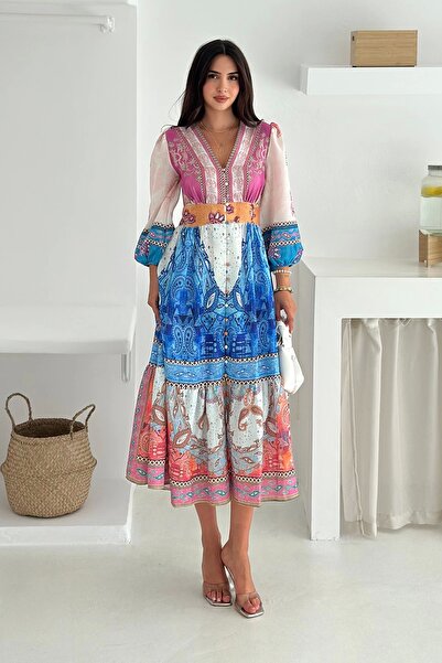 AsprinFashion فستان منقوش من قماش الكتان المستورد