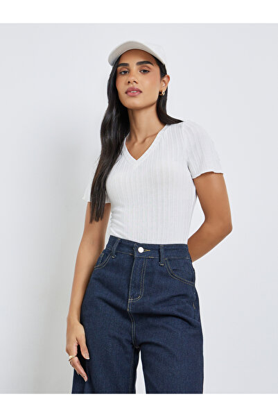 Styli White Ribbed V Neck Bodysuit
