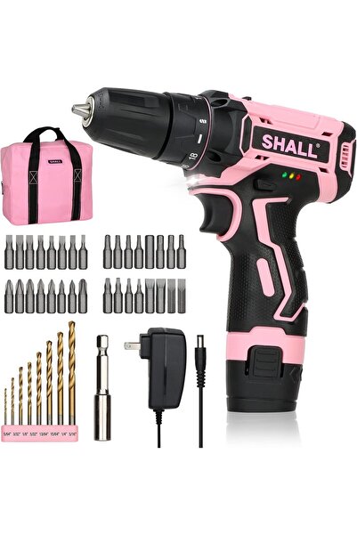 SHALL طقم مثقاب لاسلكي وردي اللون، 43 قطعة، مثقاب كهربائي 12 فولت، ظرف بدون م...