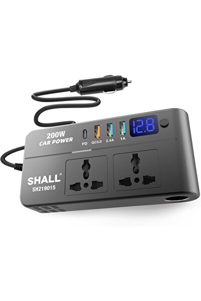 SHALL محول طاقة للسيارة بقوة 200 واط، محول طاقة للسيارة من 12/24 فولت تيار مس...