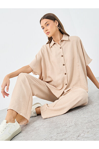 Styli Women Beige Relaxed Fit Shirt and Trouser Modest Set