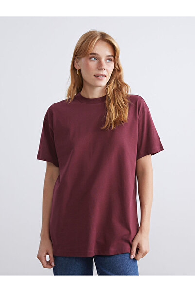 LC Waikiki Lcw Modest Burgundy Mock Neck Women's T-Shirt