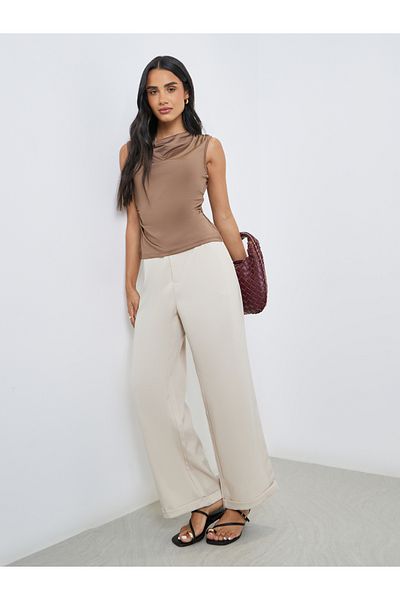 Styli Cream Tapered Fit Pants with Buttons