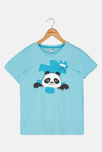 Puma تي شيرت خارجي بأكمام قصيرة وطبعة جرافيكية للأطفال الأولاد، فيروزي