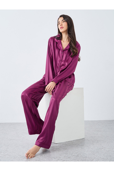 Styli Satin Jacquard Striped Piped Shirt and Pyjama Set