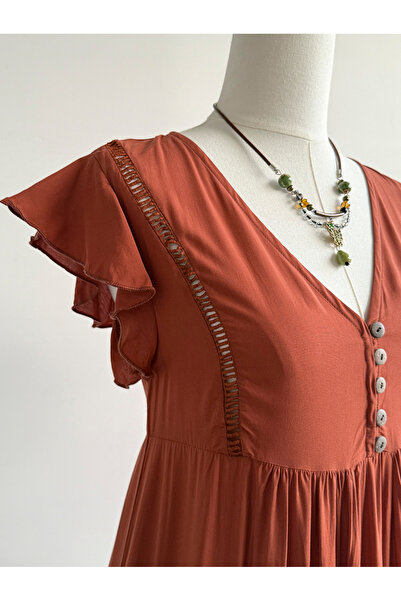 Russty Dustty By Styli Rust Frill Sleeves Maxi Dress