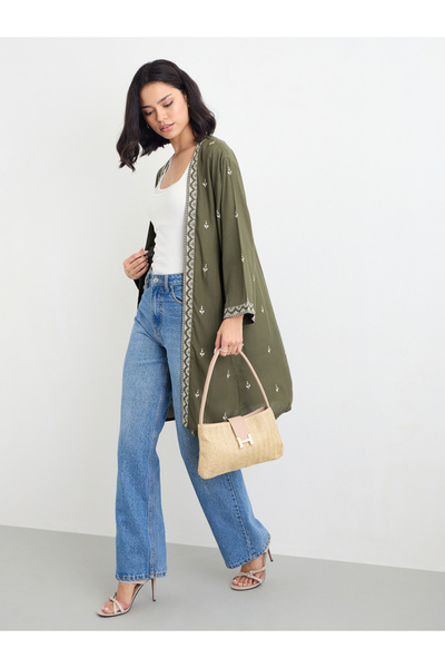 Styli Women Khaki Embroidered Kimono