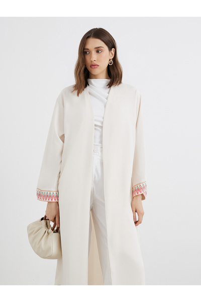 Styli Women Beige Solid Open Front Kimono with Contrast Cuff Detail