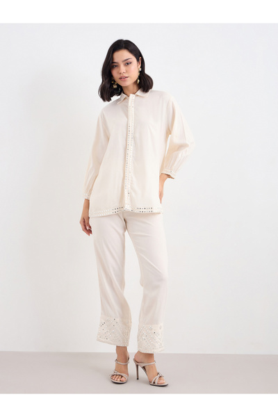 Styli Women Off White Mirror-Work Longline Shirt and Pants Co-Ords