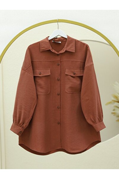 Genel Markalar Çift Cepli Boydan Düğmeli Gömlek -Kiremit