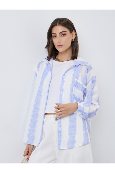 Styli Women Striped Long Sleeve Oversized Shirt with Pocket Detail