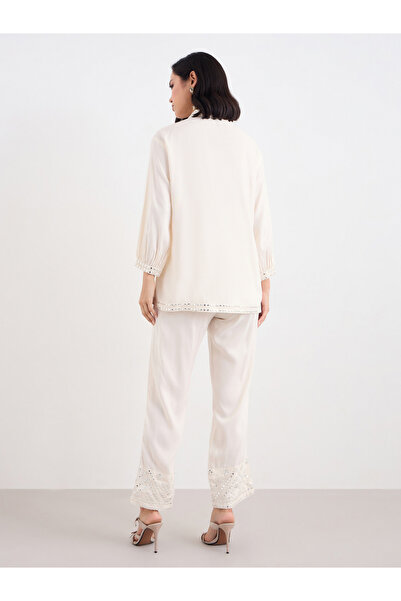 Styli Women Off White Mirror-Work Longline Shirt and Pants Co-Ords