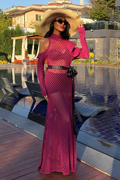 Lijuri Mürdüm Saten Kuşaklı Ajurlu Triko Elbise 2847