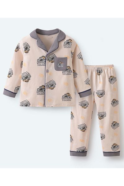 SAPS All Over Built Tough Vehicle Printed Full Sleeves Night Suit - Beige and Gray