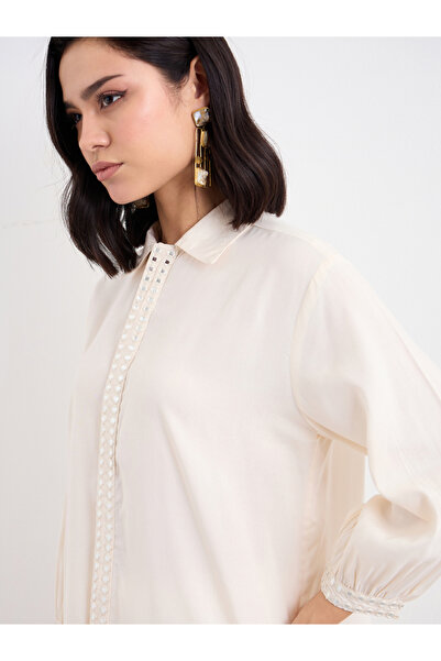 Styli Women Off White Mirror-Work Longline Shirt and Pants Co-Ords