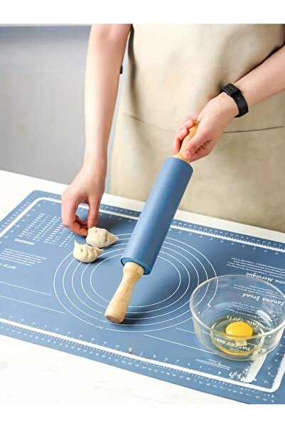 Multiamo Large Size Silicone Dough Rolling Mat Bamboo Handle Silicone Roller Metal Dough Cutting Apparatus Black