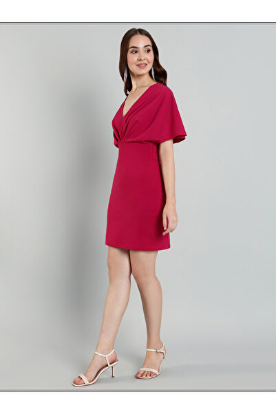 Mish By Styli Solid Cape Sleeve Pleated Detail Mini Dress