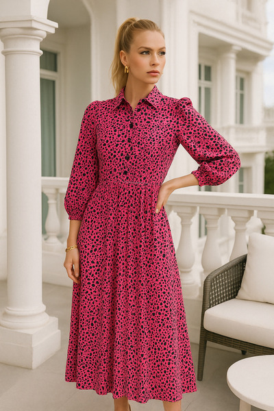 Rich Women's Fuchsia Black Leopard Print Long Sleeve Button Maxi Dress