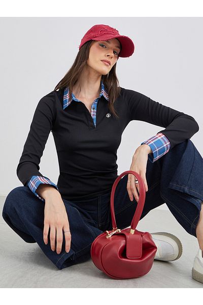 Styli Checked Contrast Collar Long Sleeve Knit Top