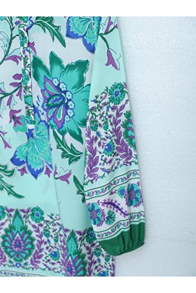trend_ermege Floral Patterned Half Buttoned Cotton Viscose Tunic -Green -Collection