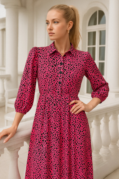 Rich Women's Fuchsia Black Leopard Print Long Sleeve Button Maxi Dress