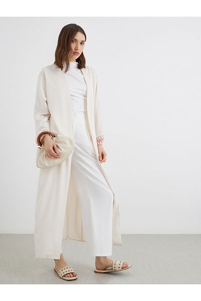 Styli Women Beige Solid Open Front Kimono with Contrast Cuff Detail