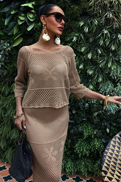 Lijuri Boat Neck Half Sleeve Openwork Knitwear Set - Milky Brown