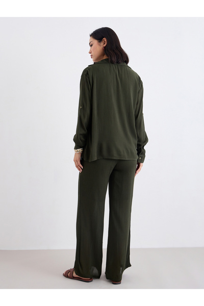 Styli Women Olive Crinkled Oversized Shirt and Pants Co-Ords