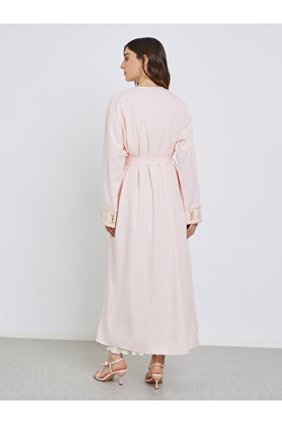 Styli Women Peach Embroidered Detail Long Sleeve Kimono with Tie