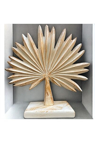 Peramari Dekoratif Polyester Tekli Dik Yelpaze Yaprak Krem-Gold Eskitme