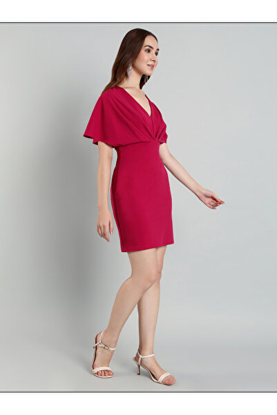 Mish By Styli Solid Cape Sleeve Pleated Detail Mini Dress