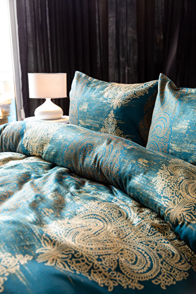 FAVORA Maison Liora 100% Cotton Satin King Size Duvet Cover Set - Petrol