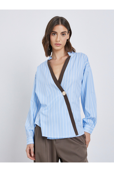 Styli Contrast Trim Striped Wrap Top