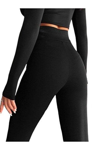 ALPACO Pantaloni spanioli material elastic cu talie elastică - negru