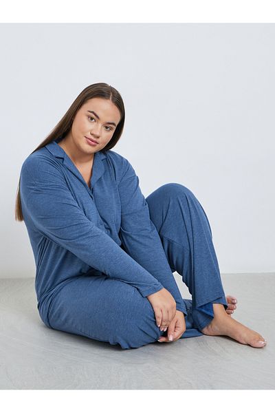 Styli Plus Melange Shirt and Wide Leg Pyjama Set
