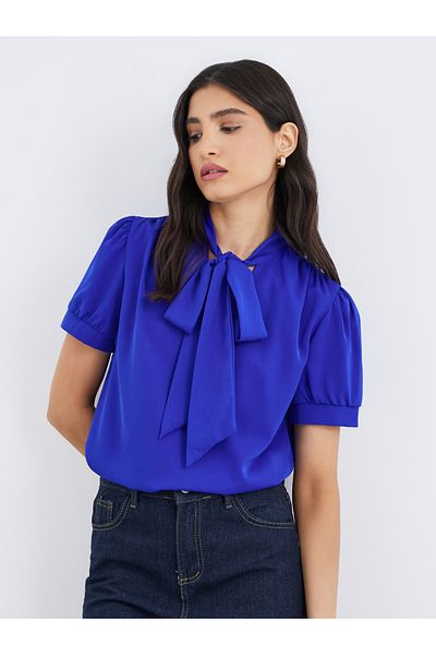 Styli Solid Bow Tie Detail Puff Sleeve Top