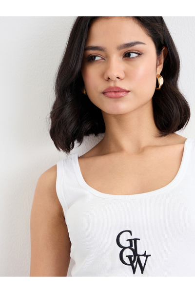 Styli Women White Ribbed Scoop Neck Tank with Embroidered Detail