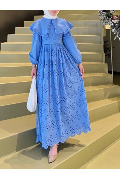 ALPACO Φόρεμα με λεπτομέρεια από δαντέλα με κολάρο -Μπλε