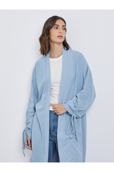 Styli Solid Ruched Sleeve Front Open Kimono