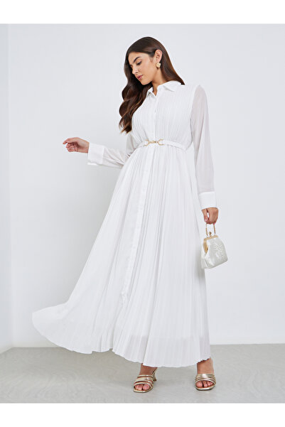 Styli Pleated Shirt Maxi Dress with Belt Detail