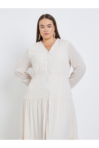 Styli Plus Tiered Maxi Dress with Buttons